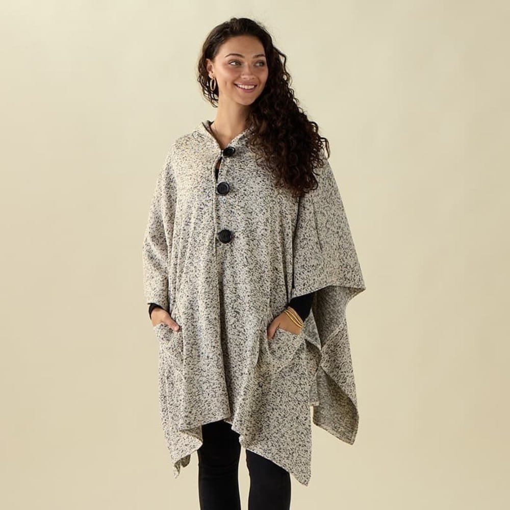 NEW Le Moda‎ Beige Black Marled Button Front Oversized Poncho Sweater One Size